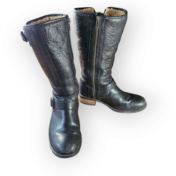 UGG Leather Shearling Riding Moto Boots Black Knee High Buckle Zip Up Boots US 6 - Picture 1 of 10